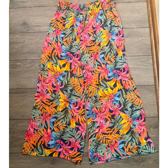 Shade & Shore Wide Leg Pants Slit Smocked Waist Tropical Print Multicolor W XL - Picture 5 of 11